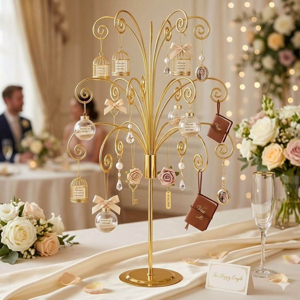 HOHIYA 20 Inch Tabletop Ornament Display Tree Metal Christmas Tree Stand for Desk and Mantel Small Jewelry Tower with Hooks Perfect Holiday Gift Brass Gold